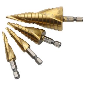 Step Drill Bit Set, 4 Pcs Titanium Coated HSS Step Drill Bits with 1/4 Inch Hex Shank for Metal, Wood, Drill Bit Set