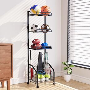 Veitorld Garage Sports Equipment Organizer Storage, Ball Storage Rack, Home Gym Equipment Storage Rack, Rolling Outdoor Toy Storage with Wheels, Ball Holder for Football Soccer Basketball Volleyball