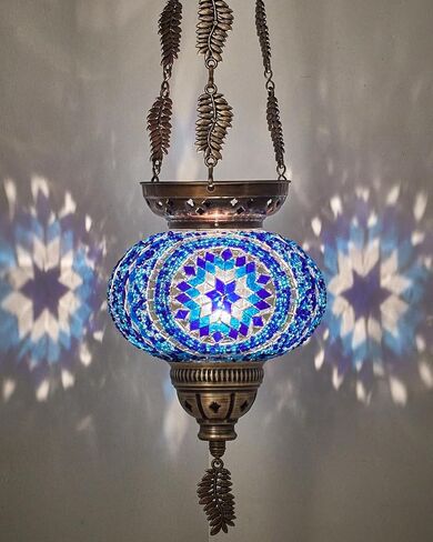 DEMMEX Turkish Moroccan Colorful Mosaic Bohemian Boho Hanging Candle Holder Lantern with Handmade Colorful Glass Globe and Metal Leaf Chains, 24" (Cutsie) in Kuwait