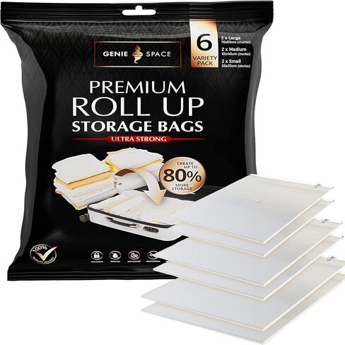GENIE SPACE Roll Storage Bags - Variety Pack of 6 | 2 Large, 2 Medium & 2 Small | No Pump or Vacuum Strong & Premium Roll-Up Bags | 80% More Home Wardrobe Space & Perfect for Travel Suitcase Packing in Saudi Arabia