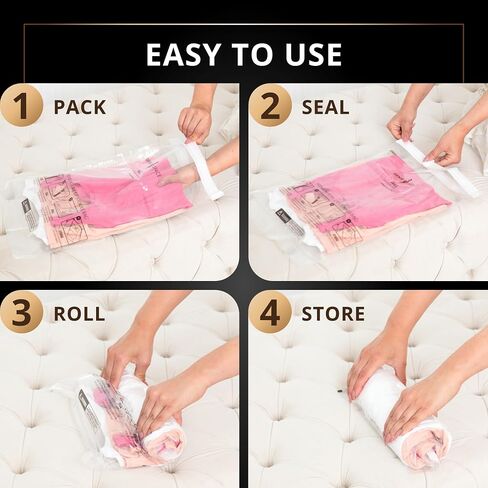 GENIE SPACE Roll Storage Bags - Variety Pack of 6 | 2 Large, 2 Medium & 2 Small | No Pump or Vacuum Strong & Premium Roll-Up Bags | 80% More Home Wardrobe Space & Perfect for Travel Suitcase Packing in Saudi Arabia