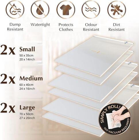 GENIE SPACE Roll Storage Bags - Variety Pack of 6 | 2 Large, 2 Medium & 2 Small | No Pump or Vacuum Strong & Premium Roll-Up Bags | 80% More Home Wardrobe Space & Perfect for Travel Suitcase Packing in Saudi Arabia