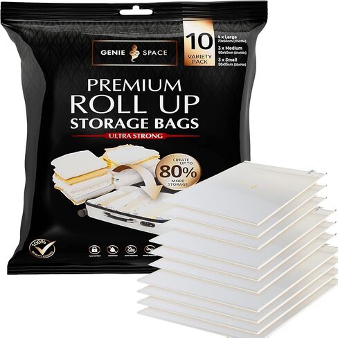 GENIE SPACE Roll Storage Bags - Variety Pack of 6 | 2 Large, 2 Medium & 2 Small | No Pump or Vacuum Strong & Premium Roll-Up Bags | 80% More Home Wardrobe Space & Perfect for Travel Suitcase Packing in Saudi Arabia