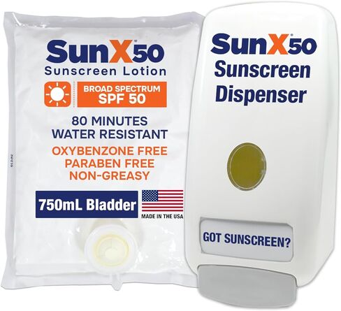 CoreTex Sun X 50+ 750 مل لوشن واقي من الشمس وموزع مثبت على الحائط - خالي من البارابين والأوكسيبنزون ​​والأوكتينوكسات - خالي من الزيوت، واقي من الشمس واسع الطيف (UVA/UVB) - مقاوم للماء والعرق حتى 80 دقيقة. in Kuwait