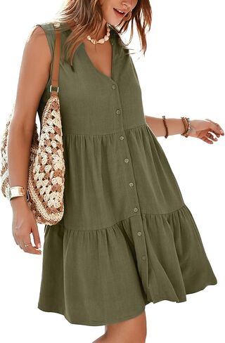 Simplee Women’s Sleeveless Linen Summer Dress Casual Button Down Mini Dress Flowy Beach Sundress with Pockets in Kuwait