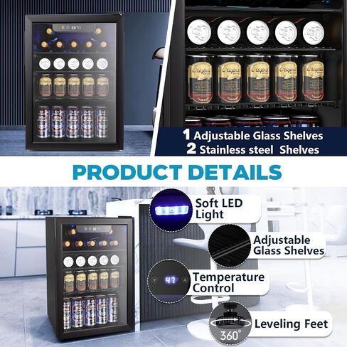 55 Cans Beverage Refrigerator Cooler, 1.3 Cu.ft Mini Fridge Countertop Drink Cooler with Glass Door for Beer, Soda,Wine, Adjustable Digital Temperature Control for Home Dorm Bar, Black in Saudi Arabia