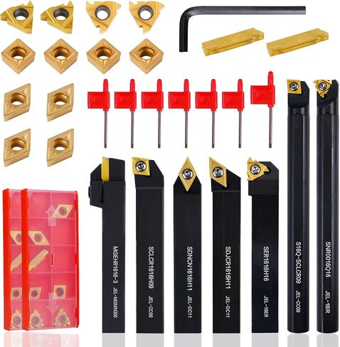 Indexable Lathe Turning Tool 21Pcs Kit 3/8" (10mm) Shank, Includes 7Pcs Metal Lathe Tool Holders and 14Pcs Carbide Inserts for Turning Boring Grooving Cutting Threading Carbide Turning Tool in Saudi Arabia
