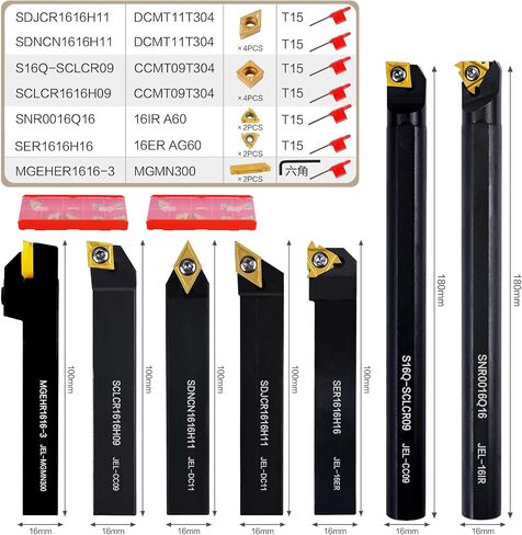 Indexable Lathe Turning Tool 21Pcs Kit 3/8" (10mm) Shank, Includes 7Pcs Metal Lathe Tool Holders and 14Pcs Carbide Inserts for Turning Boring Grooving Cutting Threading Carbide Turning Tool in Saudi Arabia
