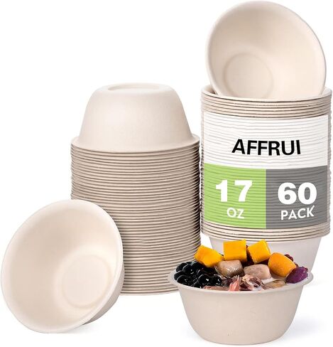 100% Compostable Disposable Paper Bowls [60-Pack] - (PFAS-Free) - (BPI Certified) - [17.59 oz] Heavy Duty, Eco-Friendly, Biodegradable Bagasse Hot Soup Bowls. Natural Brown 17.59oz Bowl Plates in Saudi Arabia