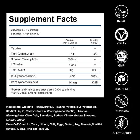 Creatine Monohydrate Gummies 5000 mg for Men & Women, Sugar-Free,Low in Calories,with L-Taurine + Vitamins for Increasing Muscle Strength, improving Endurance,Made in The USA, 120 Gummies in Saudi Arabia