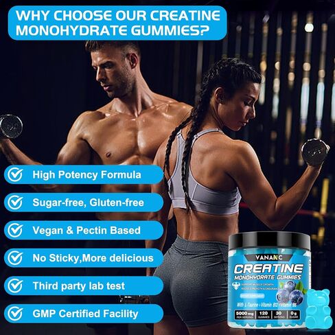 Creatine Monohydrate Gummies 5000 mg for Men & Women, Sugar-Free,Low in Calories,with L-Taurine + Vitamins for Increasing Muscle Strength, improving Endurance,Made in The USA, 120 Gummies in Saudi Arabia
