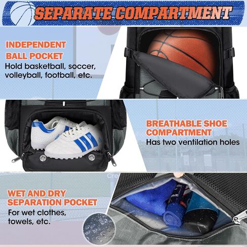 RAINSMORE Basketball Backpack 45L Basketball Bag with Separate Ball Holder & Shoes Compartment Water Resistant Sports Bag Basketball Equipment Bags Fit Volleyball, Soccer, Swim, Gym, Travel in Saudi Arabia