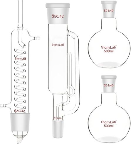 stonylab Soxhlet Extraction Kit, Borosilicate Glass 50/42 Soxhlet Extractor with Graham Condenser and Two 500 ml 24/40 Flat Bottom Flasks for Lab Extraction in Saudi Arabia