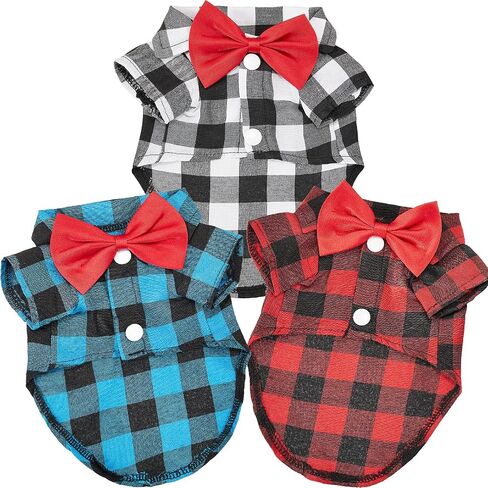 3 Pieces Plaid Puppy Shirts with Bow Tie Dog Buffalo Shirt Pet Christmas Sweatshirt Bow Dog Shirt Outfit for Birthday Party Small Dogs Cats Holiday Photo Wedding Supplies (S) in Saudi Arabia