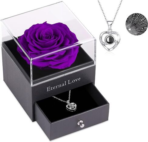 درج ورد محفوظ مع قلادة أحبك بـ 100 لغة، هدية رومانسية مصنوعة يدويًا من الورد الطازج لها في عيد الحب، وعيد الأم in Kuwait