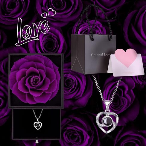 درج ورد محفوظ مع قلادة أحبك بـ 100 لغة، هدية رومانسية مصنوعة يدويًا من الورد الطازج لها في عيد الحب، وعيد الأم in Kuwait