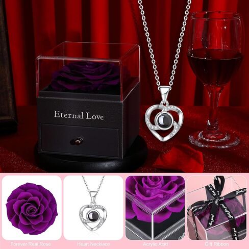 درج ورد محفوظ مع قلادة أحبك بـ 100 لغة، هدية رومانسية مصنوعة يدويًا من الورد الطازج لها في عيد الحب، وعيد الأم in Kuwait