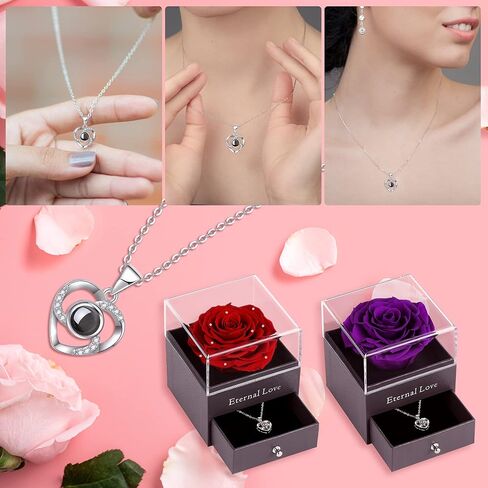 درج ورد محفوظ مع قلادة أحبك بـ 100 لغة، هدية رومانسية مصنوعة يدويًا من الورد الطازج لها في عيد الحب، وعيد الأم in Kuwait