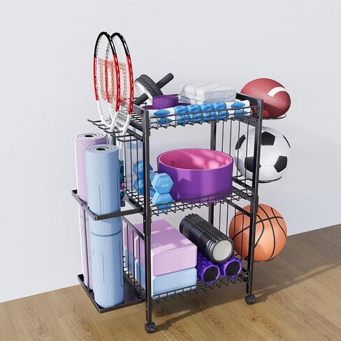 Veitorld Garage Sports Equipment Organizer Storage, Ball Storage Rack, Home Gym Equipment Storage Rack, Rolling Outdoor Toy Storage with Wheels, Ball Holder for Football Soccer Basketball Volleyball in Saudi Arabia