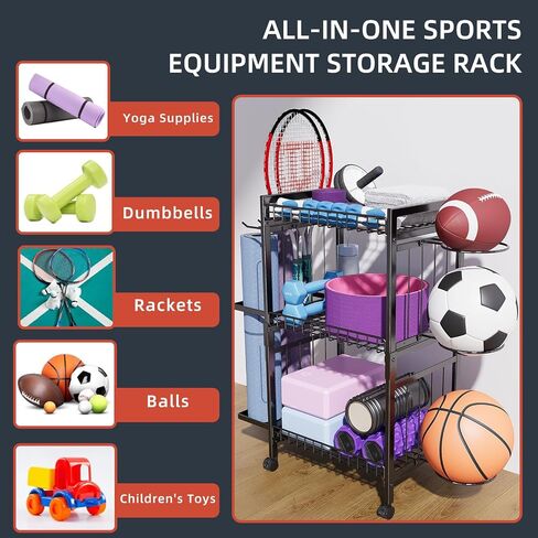 Veitorld Garage Sports Equipment Organizer Storage, Ball Storage Rack, Home Gym Equipment Storage Rack, Rolling Outdoor Toy Storage with Wheels, Ball Holder for Football Soccer Basketball Volleyball in Saudi Arabia