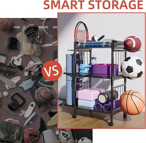 Veitorld Garage Sports Equipment Organizer Storage, Ball Storage Rack, Home Gym Equipment Storage Rack, Rolling Outdoor Toy Storage with Wheels, Ball Holder for Football Soccer Basketball Volleyball in Saudi Arabia