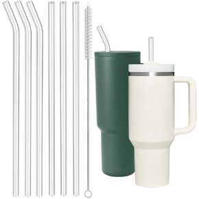 Replacement Straw Compatible with Stanley 40 oz Tumbler Straws, 6 Pcs Reusable Straws with Cleaning Brush, Long Glass Straw for Stanley Accessories, Pink