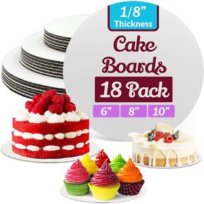 Reli. Cake Boards (18 Pack), Multi Size (6, 8, 10 Inch) | White Cake Boards | 1/8" Thick Cake Board | Smooth Cardboard Cake Rounds | Greaseproof Cake Boards for All Desserts | 6 of Each Size in Kuwait