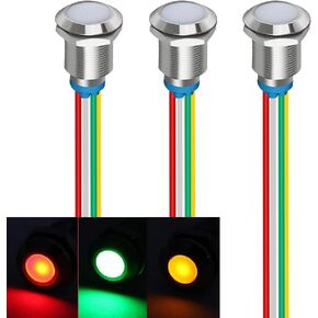 Tri-Color(Green&Red&Yellow) 12mm(1/2 inch) Energy Saving Indicator Light, 12mm 3 Color LED Light 12V/24V/ 20mA Panel Mount Light for Car Truck Boat Auto Part(Pack of 3)