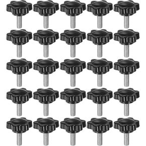 HARFINGTON 25pcs Star Knobs M5 x 12mm 304 Stainless Steel Threaded Stud 25mm Plastic 6-Star Head Hand Tightening Thumb Screw Clamping Jig Knob Handle, Black