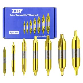 TJR© Set of 7pcs TiN Coated Center Drills - 1mm, 1.5mm, 2mm, 2.5mm, 3mm, 4mm, 5mm - High-Speed Steel (HSS) Precision Drilling Tool Kit