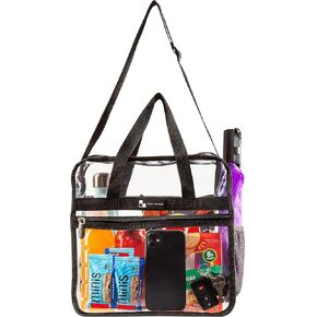 Heavy Duty Clear Stadium Bag with Front Pocket, Lunch Tote - Black