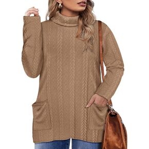 CARCOS Plus Size Sweaters for Women Turtleneck Cable Knit Sweater Long Sleeve Pullover Tops Casual Solid Shirts with Pockets