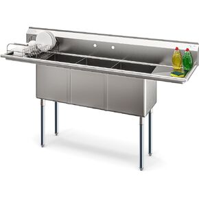 KoolMore 51 in. Three Compartment 18-Gauge Stainless-Steel NSF Commercial Kitchen Sink, Bowl Size 15x15x14, with Three Basins and Pre-Drilled Faucet Holes for Restaurants and Cafes (KM-SC151514-N3)