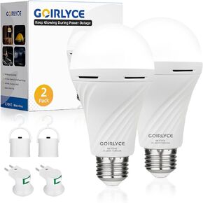 Emergency Rechargeable Light Bulbs, White Battery Operated Light Bulb for Lamps with 9W E27 6500K 1500mAh, 6 Pack Equivalent Self-Charging LED Light Bulbs for Home, Camping, Hiking