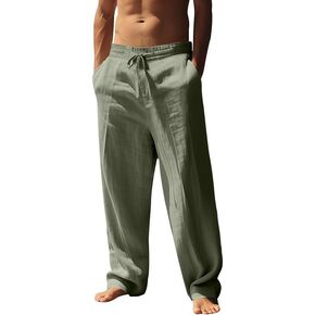 Mens Linen Pants Yoga Beach Loose Fit Casual Summer Elastic Waist Drawstring Baggy Trousers with Pockets