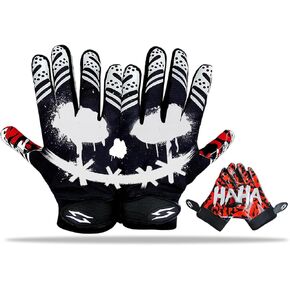Joker Football Receiver Gloves Black - Battle College Lineman, Unleash Your Venom with Jester Stealth Elite Tacky Pro Grip Palms Football Gloves, Men, Adult, Youth, Kids, Small to XXL Sizes