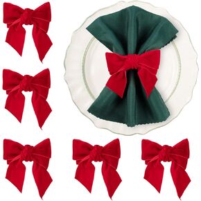 Christmas Napkin Rings, Green Bow Napkin Holder Rings, Chic Velvet Napkin Buckle for Holiday Birthday Party Anniversary Dinner Wedding Dining Table Decoration (Set of 6)