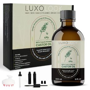 Pure Castor Oil Kit - 300ml (10 fl. oz) Bottle, Cold Pressed & Hexane Free, 100% Pure and Natural, Unrefined, Promotes Hair Growth, Thicker Eyelashes & Eyebrows, Skin & Scalp Care, Nail Strengthener