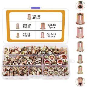 150pcs Flat Head Rivnut Threaded Insert Nuts kit, Rivnut Inserts for Automotive, Furniture, Decoration (Incl.#8-32, #10-24, 1/4"-20, 5/16"-18, 3/8"-16)
