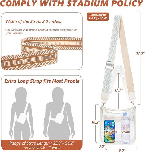 3 Pockets Large Clear Bag for Stadium Events with 2 Long Straps Purse for Women Crossbody Bag Concert Stadium Approved in Saudi Arabia