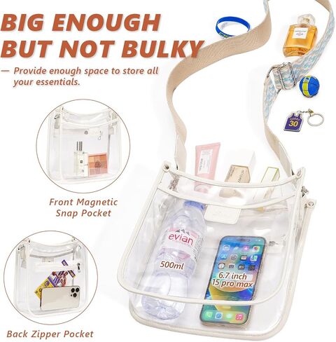 3 Pockets Large Clear Bag for Stadium Events with 2 Long Straps Purse for Women Crossbody Bag Concert Stadium Approved in Saudi Arabia