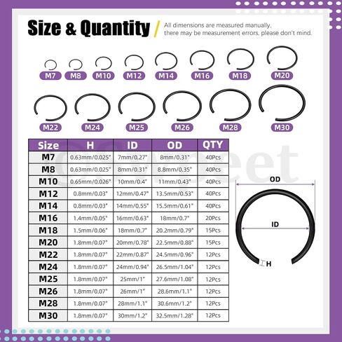 Swpeet 150Pcs 10 Sizes 10mm-26mm Carbon spring steel Manganese Steel Round Wire C-Clips External Snap Ring Assortment Kit, M10 M12 M14 M16 M18 M20 M22 M20 M24 M25 M26 Round Wire Snap Rings for shaft in Saudi Arabia