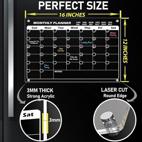 Clear Acrylic Magnetic Calendar for fridge(16x12) - Monthly & Weekly Planner Clear Dry Erase Boards for Refrigerator - 8 Vivid Markers & Smudge-Free Erasing - Complete Planning Set ! in Saudi Arabia