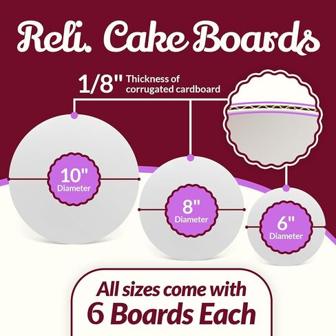 Reli. Cake Boards (18 Pack), Multi Size (6, 8, 10 Inch) | White Cake Boards | 1/8" Thick Cake Board | Smooth Cardboard Cake Rounds | Greaseproof Cake Boards for All Desserts | 6 of Each Size in Saudi Arabia