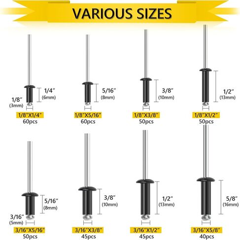 270PCS Rivets, Pop Rivets Aluminum 8 Sizes Blind Rivets Assortment Kit (1/8" 3/16"), Black Rivets Assorted Blind Rivets for Airplanes, Ships, Rails and DIY in Saudi Arabia
