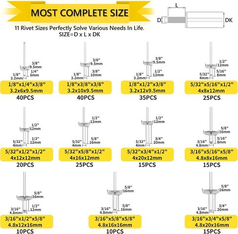 270PCS Rivets, Pop Rivets Aluminum 8 Sizes Blind Rivets Assortment Kit (1/8" 3/16"), Black Rivets Assorted Blind Rivets for Airplanes, Ships, Rails and DIY in Saudi Arabia