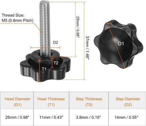 HARFINGTON 25pcs Star Knobs M5 x 12mm 304 Stainless Steel Threaded Stud 25mm Plastic 6-Star Head Hand Tightening Thumb Screw Clamping Jig Knob Handle, Black in Saudi Arabia