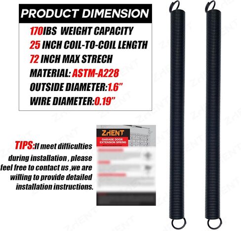 Pair of 180 lbs Heavy Duty Garage Door Extension Springs Stretch Spring,High Precision Electrophoresis Black Coated for Corrosion Resistance,MIN 18000 Cycles for 7ft Garage Door Springs Replacement in Kuwait