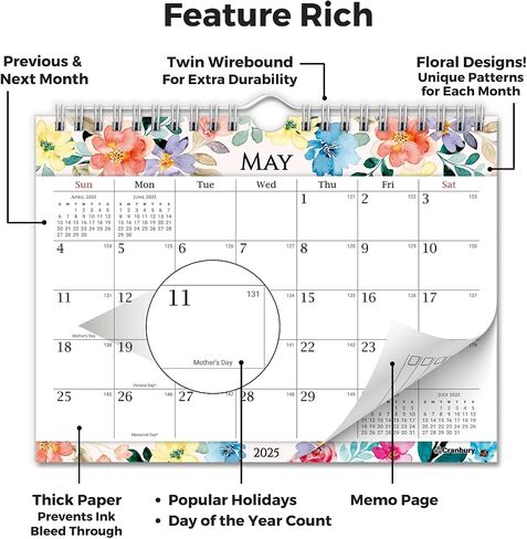 CRANBURY Small 8x6" Wall Calendar 2025-2026 (Floral), Use July 2025 to Dec 2026, Mini Monthly Hanging Calendar, Gorgeous Flower Designs, Use on Bulletin Board, Fridge, or on Desk, Includes Stickers in Saudi Arabia