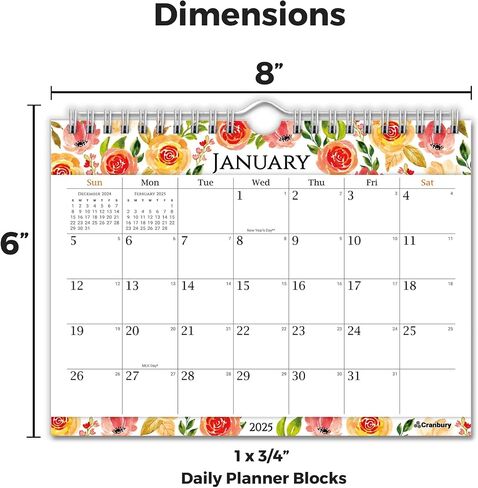 CRANBURY Small 8x6" Wall Calendar 2025-2026 (Floral), Use July 2025 to Dec 2026, Mini Monthly Hanging Calendar, Gorgeous Flower Designs, Use on Bulletin Board, Fridge, or on Desk, Includes Stickers in Saudi Arabia